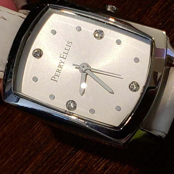 Perry Ellis White Leather Band Silver Rectangle Face Diamond Accent Wrist Watch main image 12